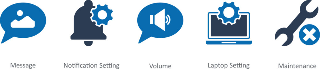 A set of 5 Contact icons as message, notification setting, volume