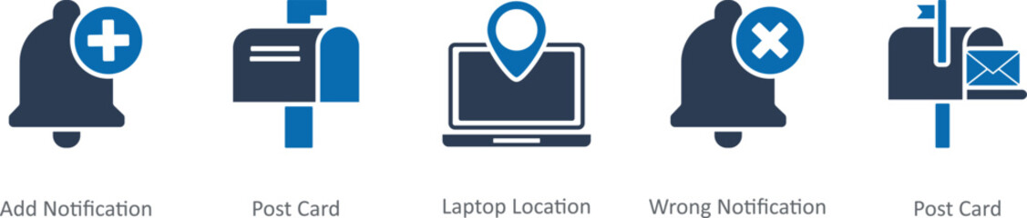 A set of 5 Contact icons as add notification, post card, laptop location