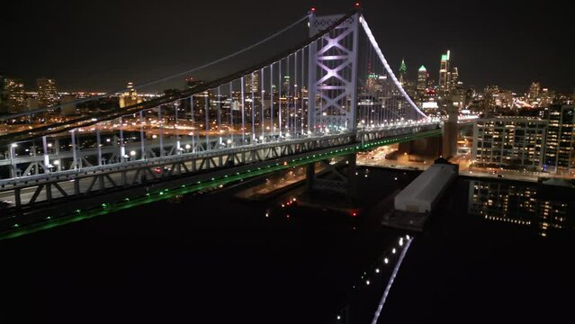 Aerial Night Views of the Ben Franklin Bridge in Philadelphia during Super Bowl Weekend