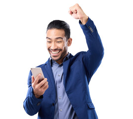 Winner, phone and business man success, yes or celebration of profit, sales and news, power or opportunity. Happy, excited asian person winning, fist and mobile isolated on transparent png background - obrazy, fototapety, plakaty