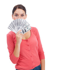 Cash, dollar money and portrait of woman for investment growth, savings and finance. Winner or excited female person with lotto prize, profit or giveaway isolated on transparent, png background
