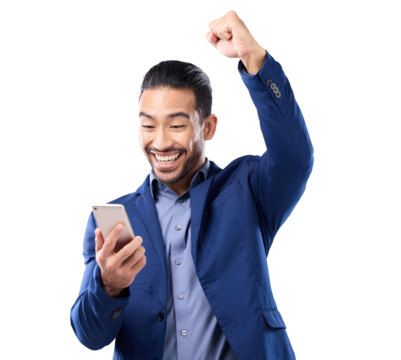 Winner, phone and business man success, yes or celebration of profit, sales and news, power or opportunity. Happy, excited asian person winning, fist and mobile isolated on transparent png background