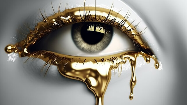 Golden Tears dropped from sad eye, full makeup molten gold