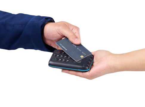 Isolated hands, machine and credit card for pos payment, sales and fintech by transparent png background. Customer experience, shopping and digital purchase with budget, finance or banking at store