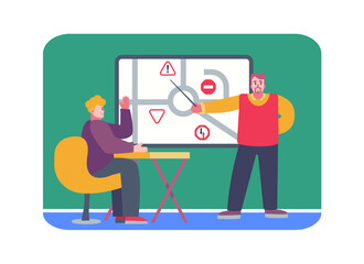 Young man sitting at table in class and taking driving courses. Instructor teaching road sign. Learning and getting driving license concept. Vector flat illustration