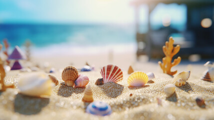 砂浜と貝殻の夏のイメージ　Shells on the summer beach. Created by generative AI