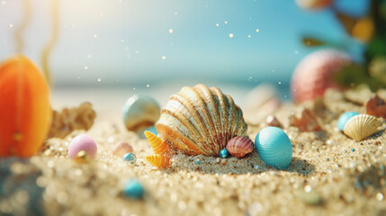 砂浜と貝殻の夏のイメージ　Shells on the summer beach. Created by generative AI
