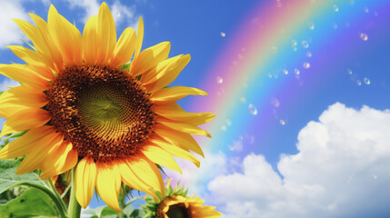青空に咲くひまわりと入道雲と虹　Sunflower in blue sky with rainbow Created by generative AI