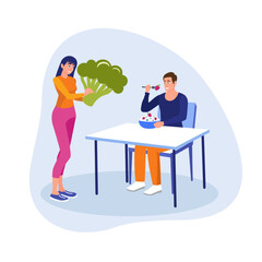 Colored cartoon smiling couple eating healthy food. Diet meal for weight loss. Fresh fruits and vegetables as sources of energy. Vector flat style illustration on white background