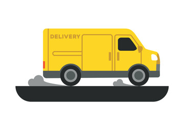 Fototapeta na wymiar Courier delivering parcels using automobile. Fast delivery of large cargoes. Modern postal systems and regional parcel carriers. Vector flat illustration in yellow colors