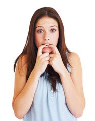 Anxiety, nervous and biting nails with portrait of woman on transparent background for fear, stress...