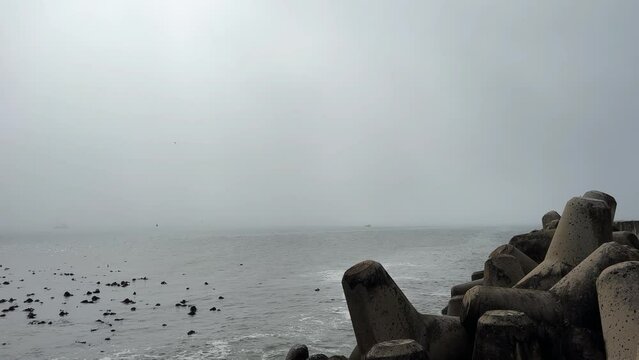 Ships on a thick misty horizon sea with waves crashing against the dolosse or concrete shoreline breakers
