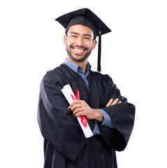 Portrait, certificate and graduation of Asian man with arms crossed isolated on a transparent png...