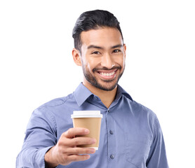 Business man, coffee in hand and portrait with a smile, motivation and offer or cheers . Happy asian businessman giving takeaway drink for motivation isolated on a transparent, png background
