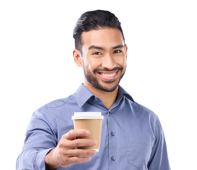 Business man, coffee in hand and portrait with a smile, motivation and offer or cheers . Happy asian businessman giving takeaway drink for motivation isolated on a transparent, png background
