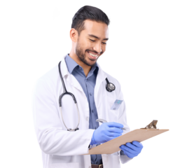Doctor, clipboard and man with checklist and health insurance paperwork isolated on transparent png background. Male physician writing, medical policy documents and smile, healthcare and service