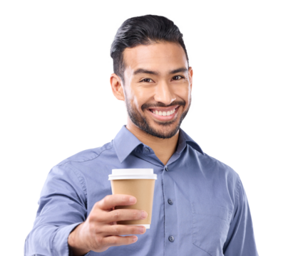 Business man, coffee in hand and portrait with a smile, motivation and offer or cheers . Happy asian businessman giving takeaway drink for motivation isolated on a transparent, png background
