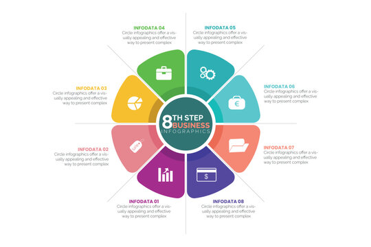 Business 8-step Process Chart Infographics With 8 Options Stages Business Concept Company Presentation Slide Template.