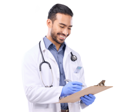 Doctor, clipboard and man with checklist and health insurance paperwork isolated on transparent png background. Male physician writing, medical policy documents and smile, healthcare and service - Powered by Adobe