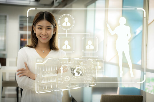 Business woman with display performance personality, Teacher standing with proud, HUD.