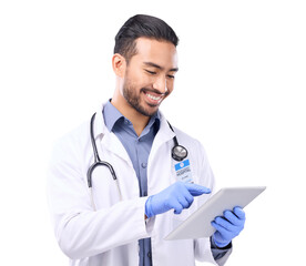 Doctor, online tablet and happy man for healthcare research, typing and paperless telehealth...