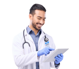 Doctor, online tablet and happy man for healthcare research, typing and paperless telehealth service. Happy medical person or surgeon check digital technology isolated on transparent png background