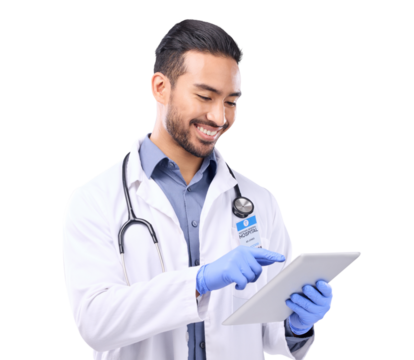 Doctor, online tablet and happy man for healthcare research, typing and paperless telehealth service. Happy medical person or surgeon check digital technology isolated on transparent png background