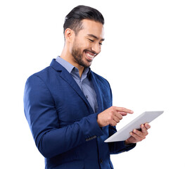Tablet, corporate and research with a business man isolated on a transparent background for information technology. Internet, planning and networking with a happy young male employee searching on PNG - obrazy, fototapety, plakaty