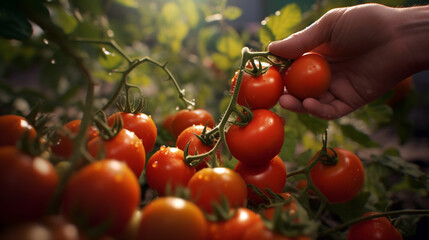 picking ripe tomatoes close-up male hand plucks ripe fruits. Generative Ai. 
