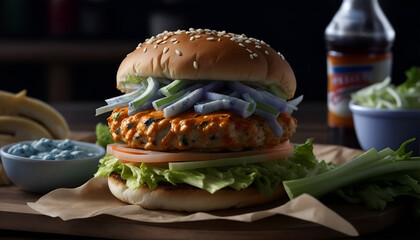 Buffalo chicken burger with blue cheese dressing. Generative AI