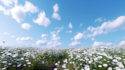 Field with daisies on a clear day against a blue sky. Generative Ai. 