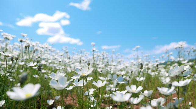 beautiful view of daisies against the blue sky. Generative Ai. 