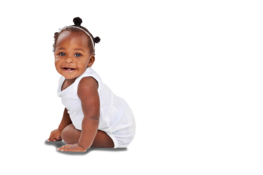 Isolated African baby girl, portrait and smile for childhood development by transparent png background. Young black kid, infant or toddler with playing, learning and growth with happiness on face