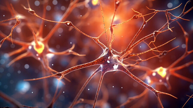 red abstract background with neurons close-up. Generative Ai. 