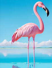 Standing pink flamingo on turquoise blue sky and water. Generative AI
