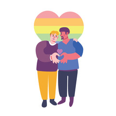 Adult man hugging male friend and show heart symbol, LGBT flag on background. Bright personalities spend time together. LGBT community concept. Vector flat illustration in bright colors