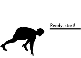 クラウチングスタート スタートダッシュのポーズを取るスーツ姿の女性のイラスト