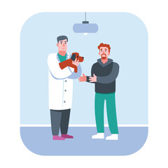 Cartoon red haired owner brought his dog to clinic for checkup. Animals healthcare service. Veterinary clinic. Medical center for domestic animals treatment. Vector