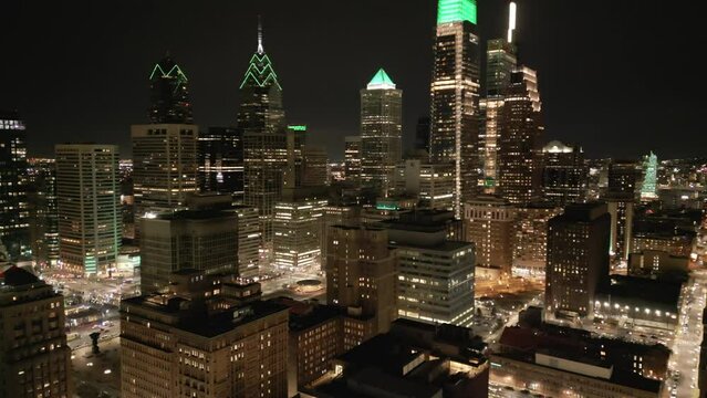 Beautiful Aerial Evening Shot of the Philadelphia Skyline During Super Bowl Weekend