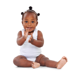 Happy, portrait and baby clapping hands for child development, growth or celebration. Smile, toddler and cute African girl infant sitting and playing on floor isolated by a transparent png background