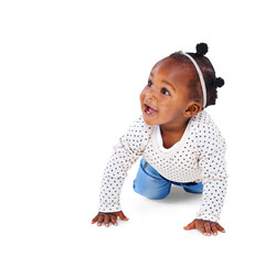 Cute, small and happy with baby crawling on transparent background for youth, innocence and...