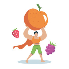 Man holding big apple. Cartoon character joining healthy vegan diet program. Healthy and active lifestyle. Eating organic fruit and vegetables. Process of weight loss. Vector illustration