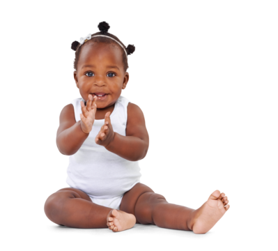 Happy, portrait and baby clapping hands for child development, growth or celebration. Smile, toddler and cute African girl infant sitting and playing on floor isolated by a transparent png background