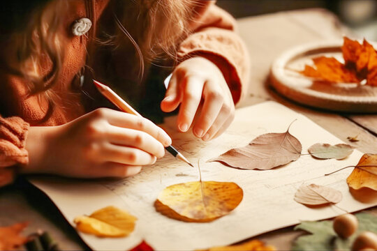 Autumn art and craft. Little child making autumn decoration from dry leaves and forest berries. Children's art project. DIY concept