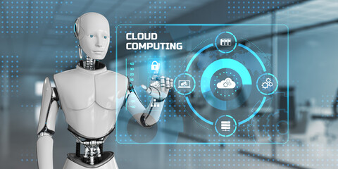 Cloud technology computing concept. Robot pressing button on screen 3d render.