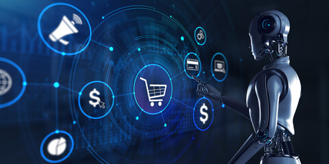 E-commerce Online shopping. Robot pressing button on screen 3d render.