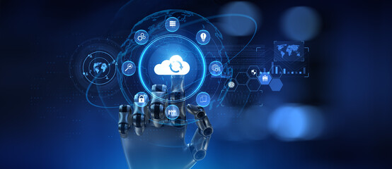 Cloud technology concept. Computing data storage. Software infrastructure. Robotic hand pressing button 3d render.
