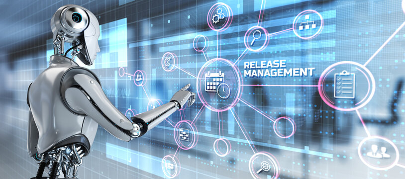 Release management development concept on virtual screen. 3d render robot pressing button.