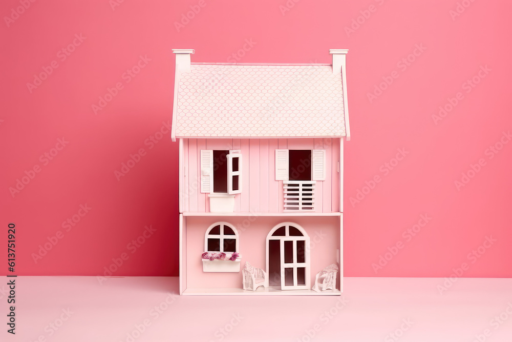 Wall mural Miniature model of a pink toy doll house isolated on a flat pink background with copy space. Minimalist dollhouse banner template, creative house building idea. Generative AI illustration.