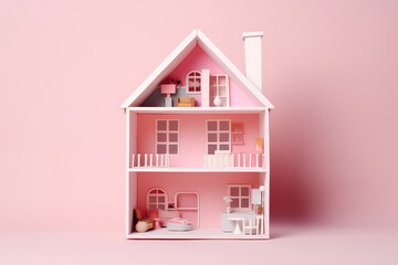 Miniature model of a toy doll house isolated on a flat pink background with copy space. Minimalist dollhouse banner template, creative house building idea. Generative AI illustration.